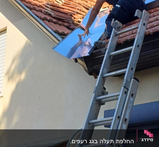 אדם על סולם מתקין לוחות מתכת על גג רעפים
